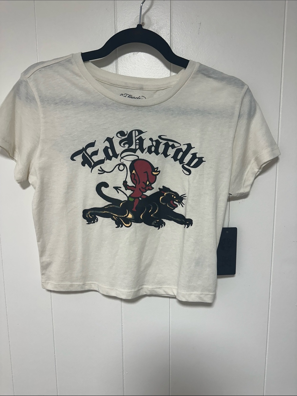Ed Hardy Cream Crop Tee with Red Devil & Black Panther Graphic